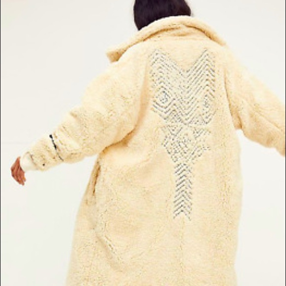 NWT Free People Avery Embroidered Long Line Faux Sherpa Teddy Coat